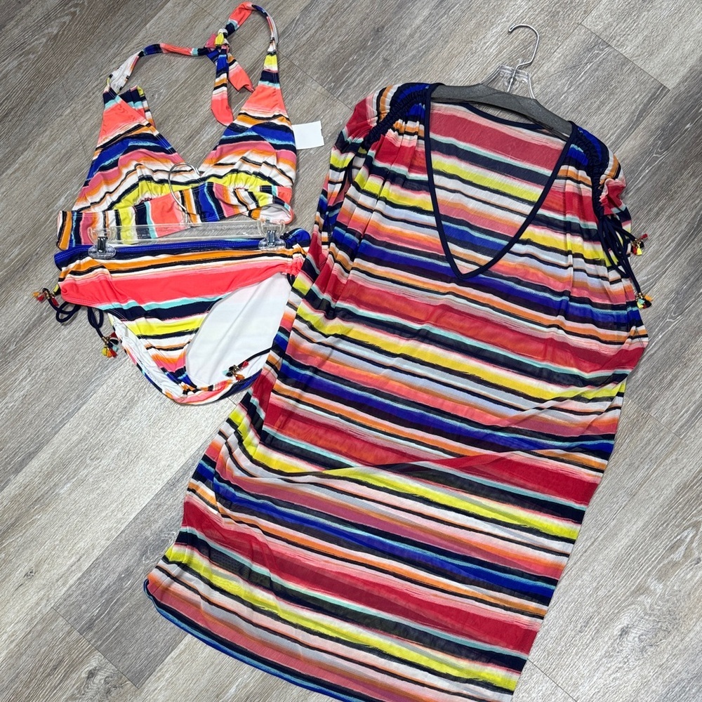 Striped Multicolor Swimsuit and Cover-Up three piece Set